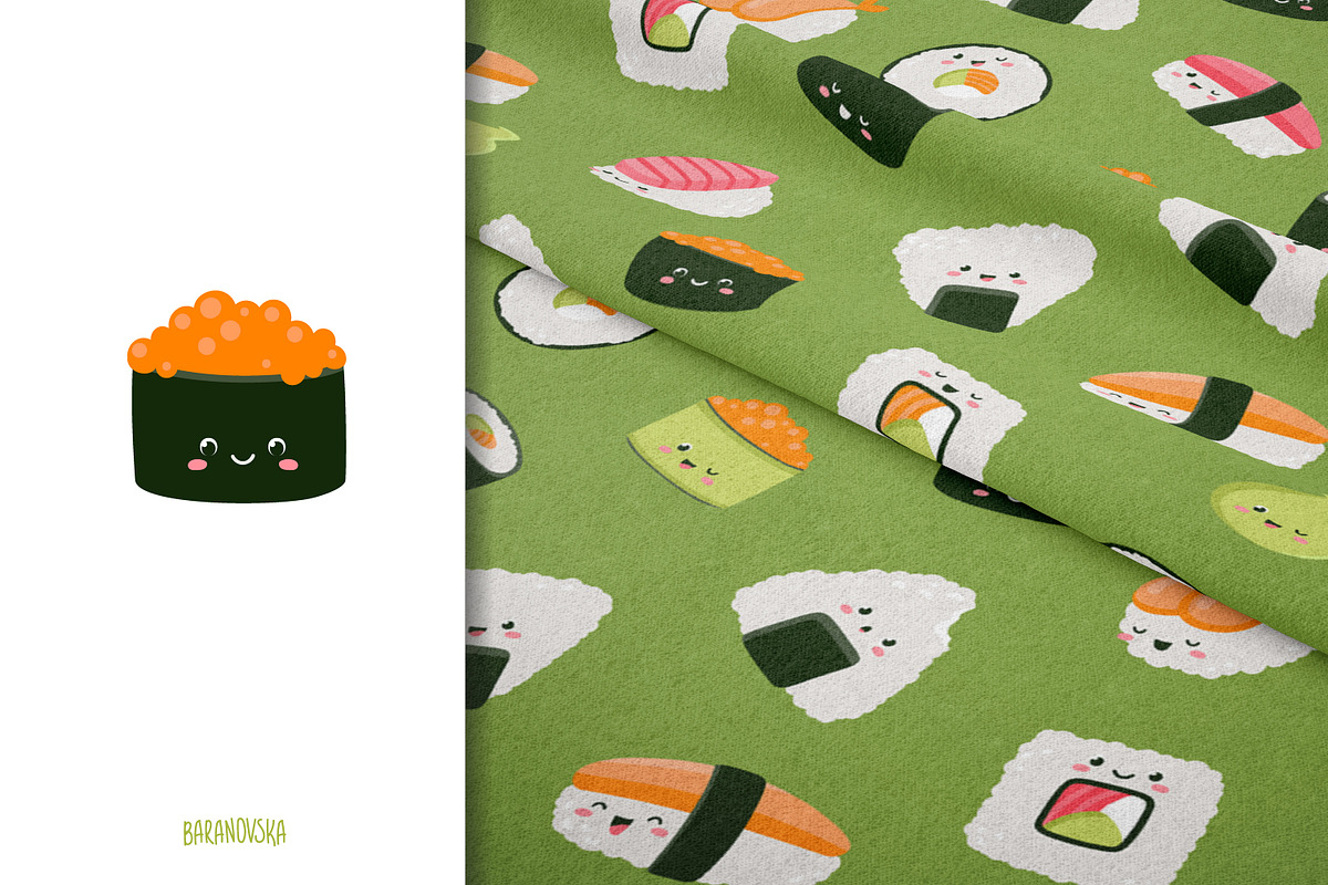 Kawaii sushi. Clipart & patterns, a Food Illustration by Baranovska (Photo 6 of 7)