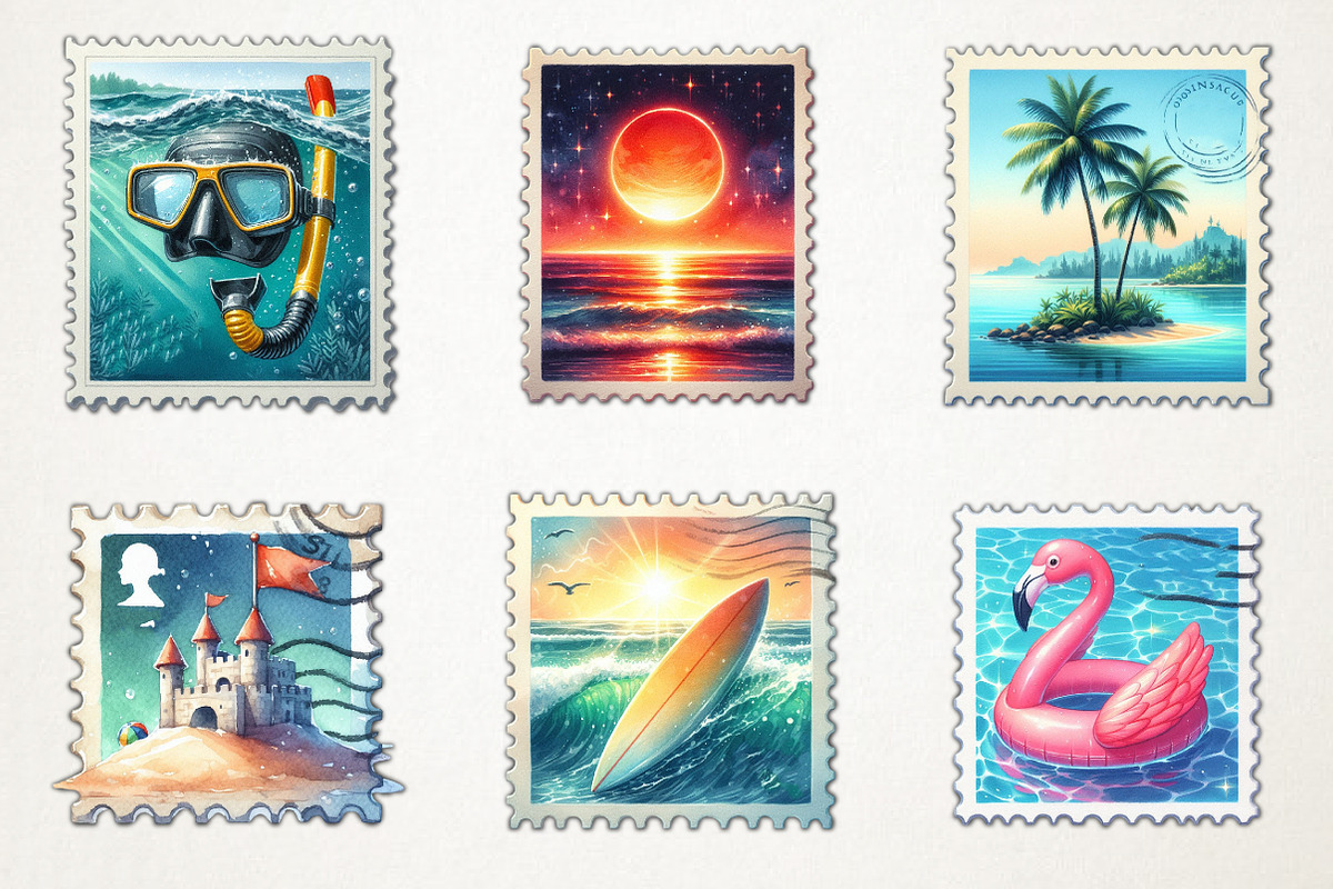 Summer Beach Postage Stamp Clipart, an Illustration by RobertsArt (Photo 2 of 5)