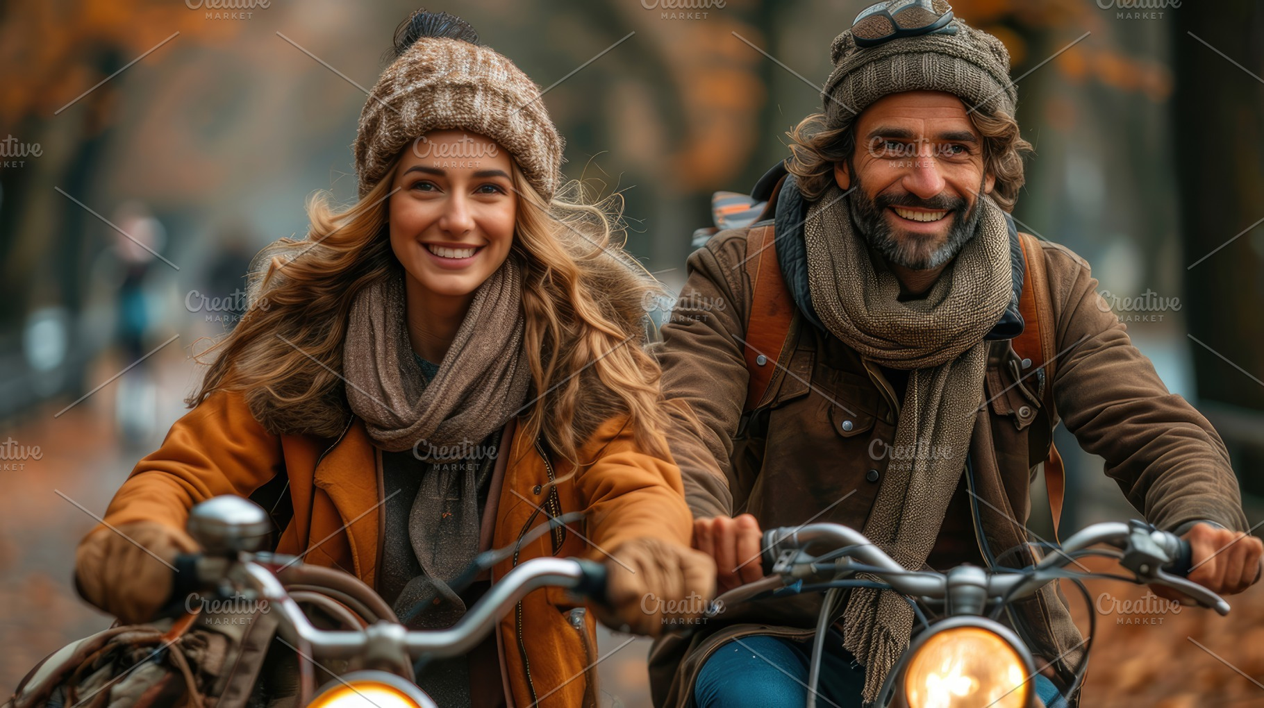 Happy Couple Enjoying a Bicycle Ride in a Picturesque Autumn Park, a Photo by AS photostudio
