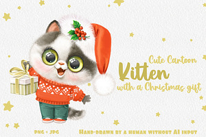 Cute grey kitten in Santa cap, an Animal Illustration by Azuzlikus