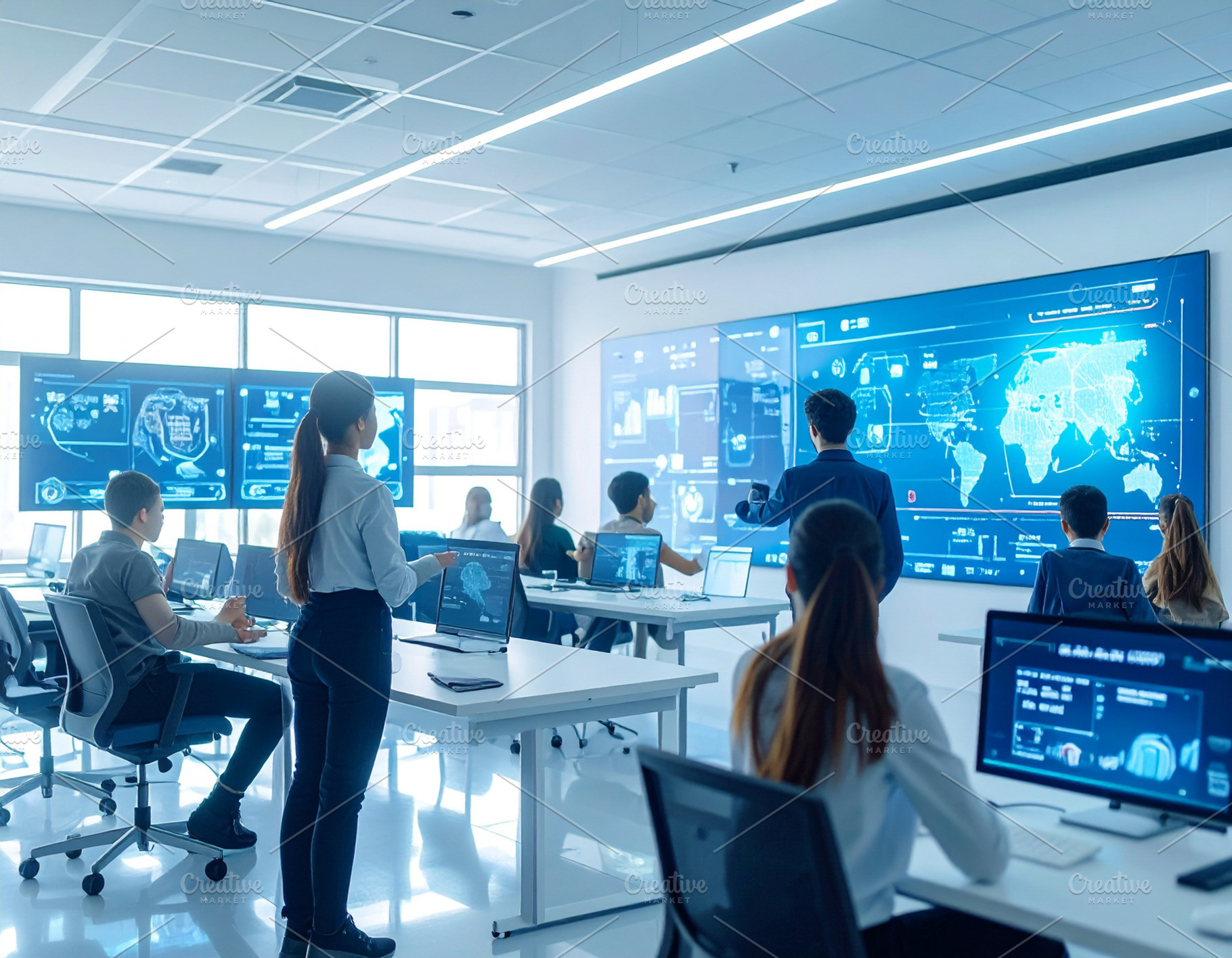Students interacting with holograms, digital screens, and AI dev, a School & Education Photo by DanFLCreativo