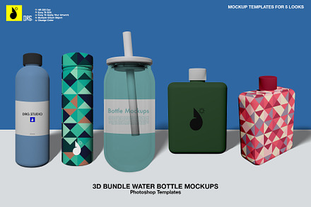 3D Bundle Water Bottle Mockups, a Food & Drink 3D Model by DRGSTUDIO