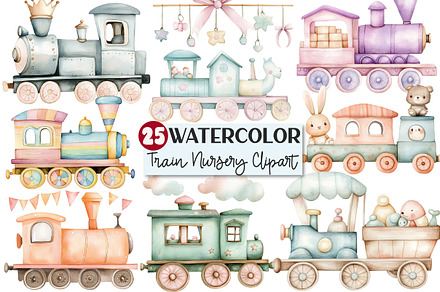 Train Baby Nursery Watercolor Clipar, an Illustration by Rose Art