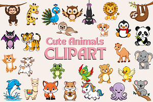 Cute Animals Clipart PNG Bundle, an Animal Illustration by maryamdesignarts