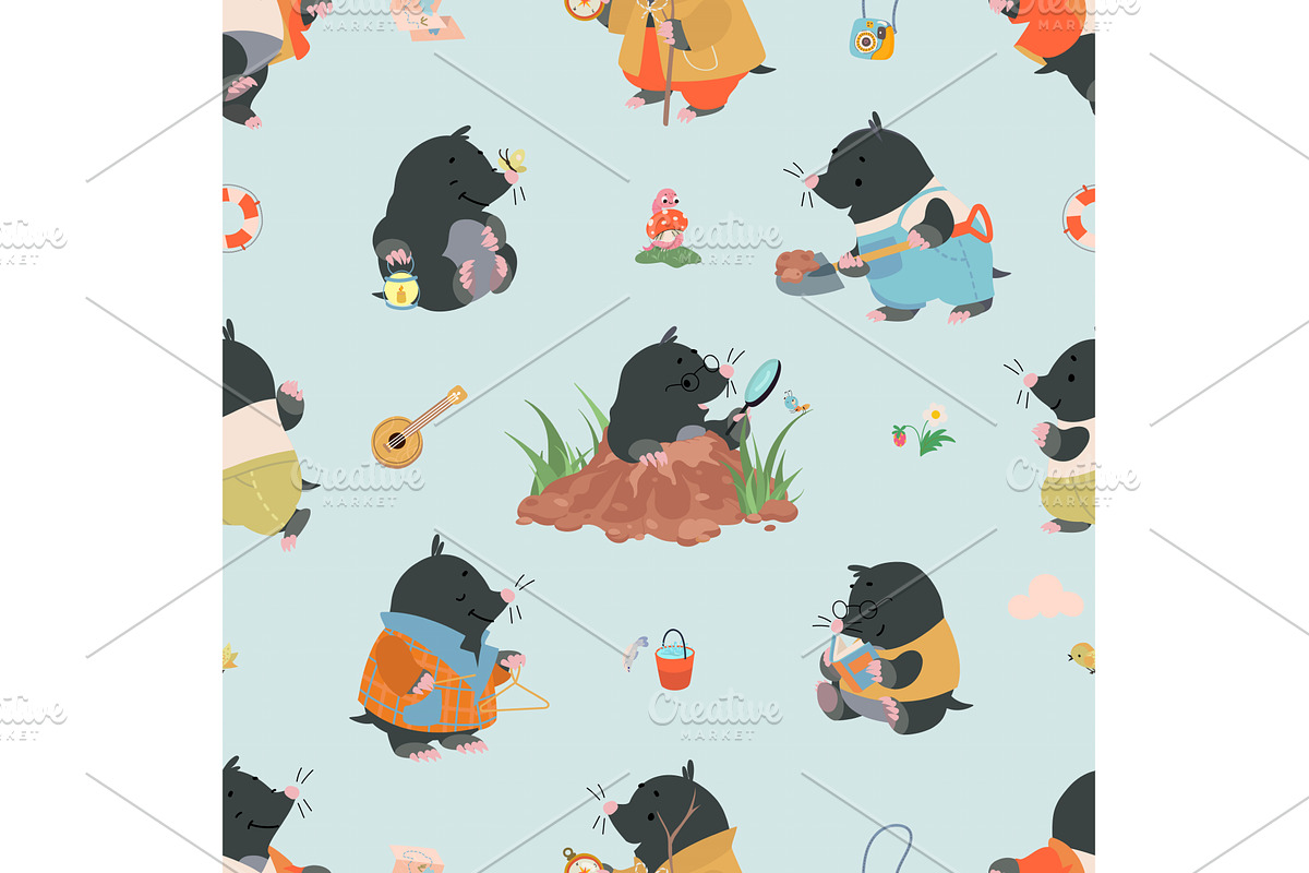Cartoon moles seamless pattern, an Animal Illustration by Valerie Bodnar