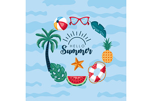 hello summer circular frame, an Illustration by studiogstock