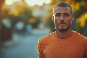 A confident young Caucasian man in an orange shirt stands on a sunlit street, e, a Person Photo by ImageMir