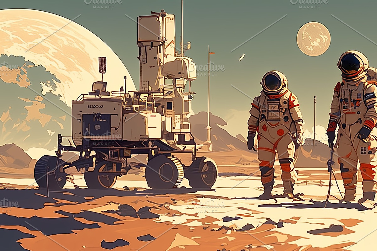 Two astronauts exploring a planet surface near a rover and planetary horizon, an Illustration by AS photostudio