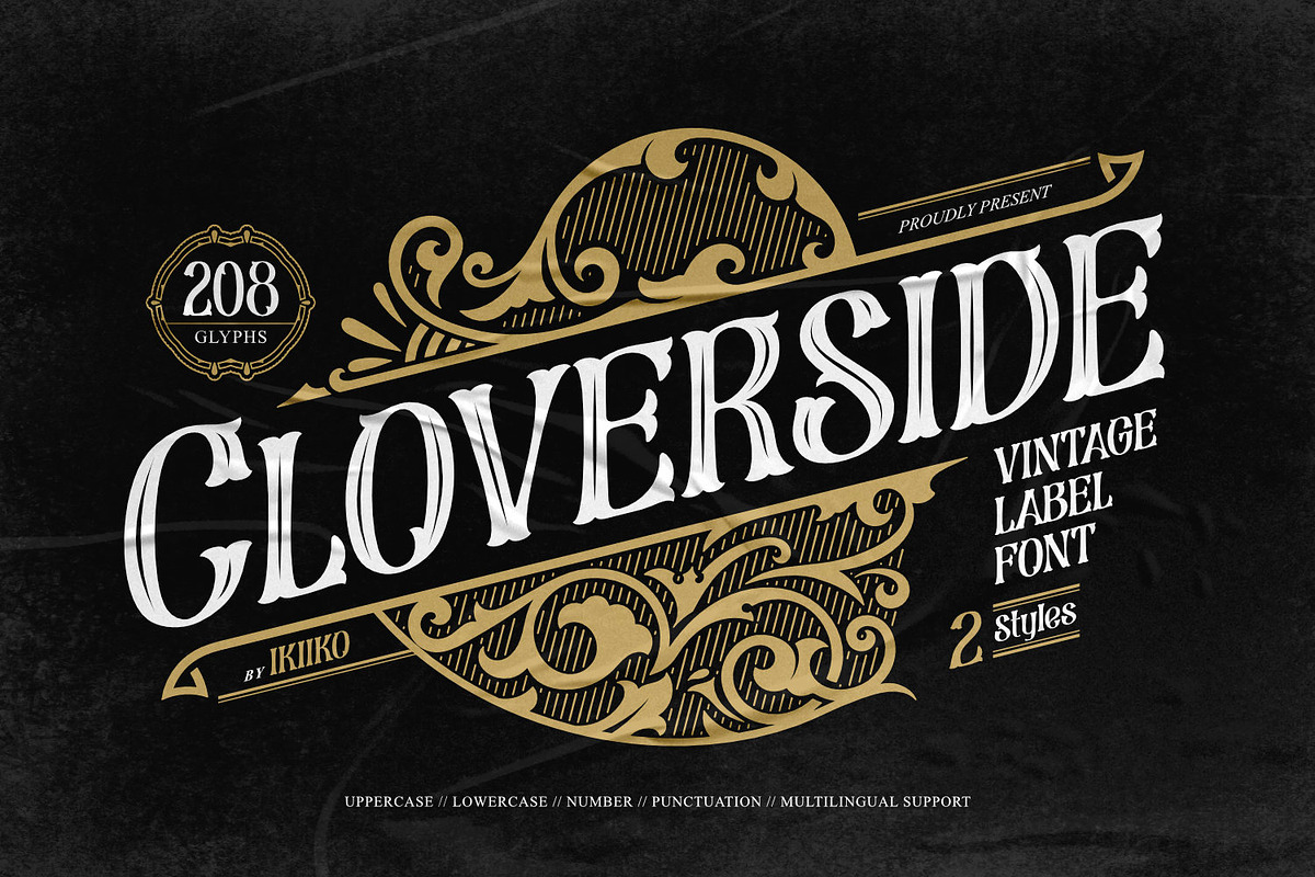 Cloverside - Vintage Label Font, a Symbol Font by ikiiko (Photo 1 of 7)