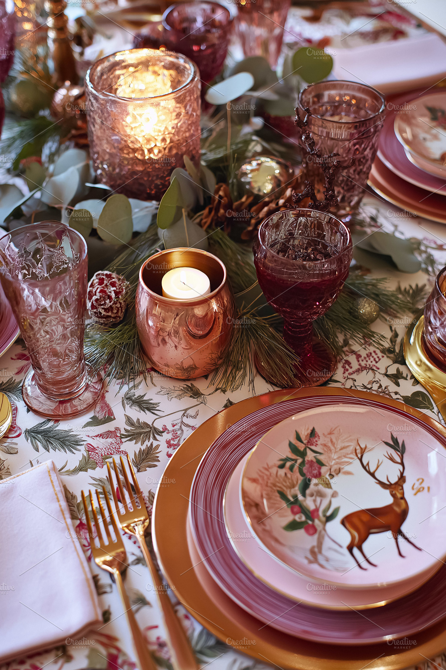Elegant holiday tablescape featuring deer plates, pink glasses, and glowing can, a Food & Drink Photo by Studio ANNA