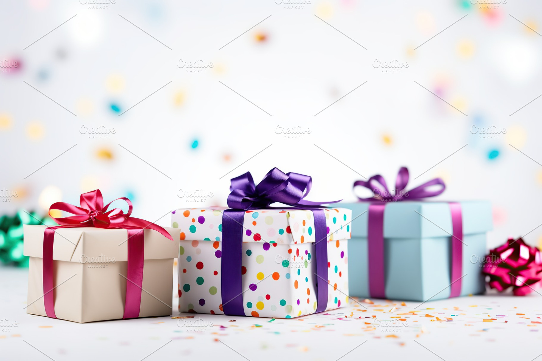 Colorful gift boxes on blurred background, a Holiday Photo by AlyaAnd