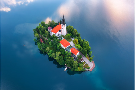 Aerial view of lake Bled with island, an Architecture Photo by den-belitsky