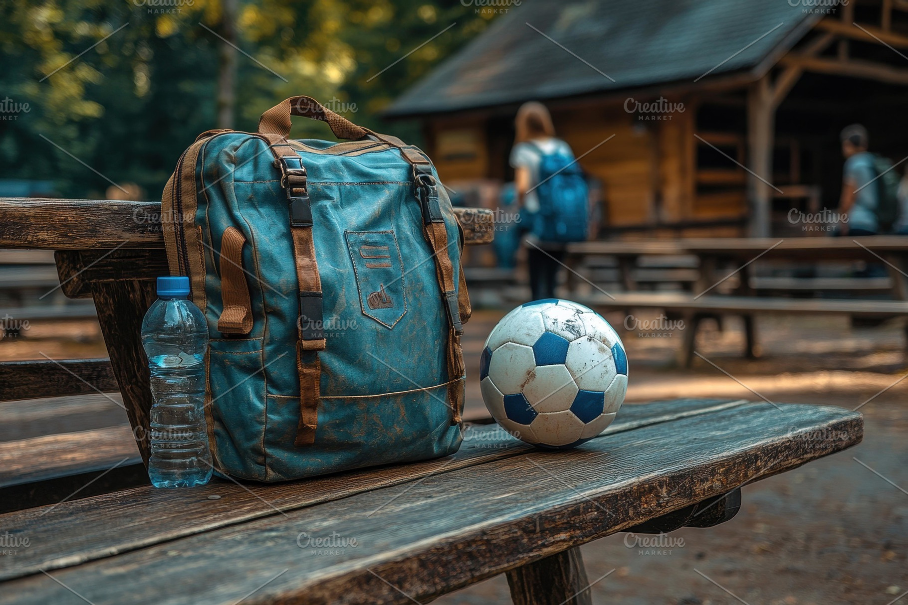 Backpack and soccer ball on a wooden, a Photo by Tanuart