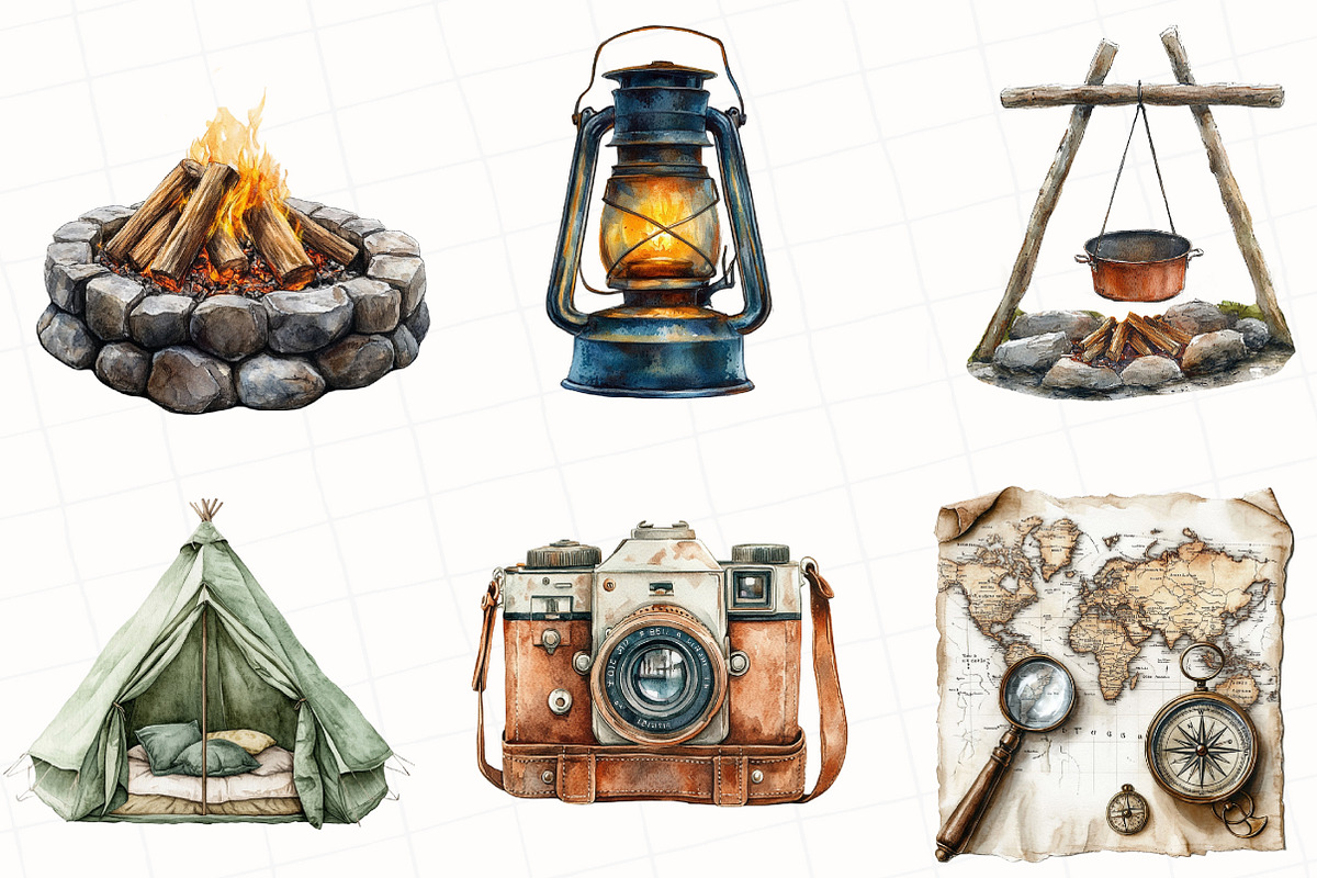 Vintage Camping Watercolor Clipart, an Illustration by OK Design (Photo 4 of 5)