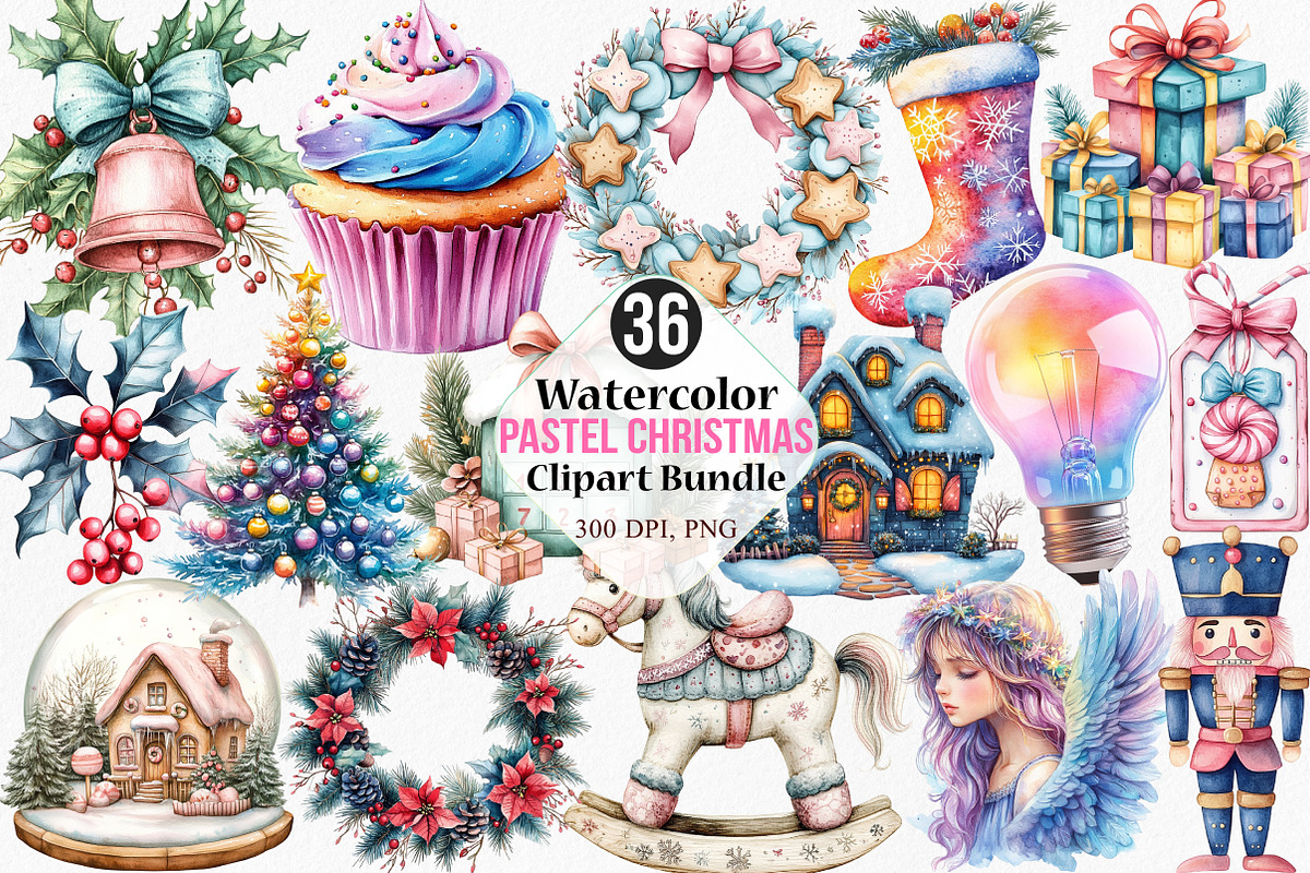 Watercolor Pastel Christmas Clipart, an Illustration by Canvas Craft (Photo 1 of 8)