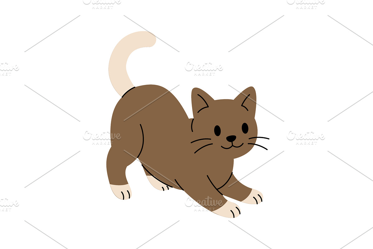 Playful brown cartoon cat stretching, an Animal Illustration by GraphiShop