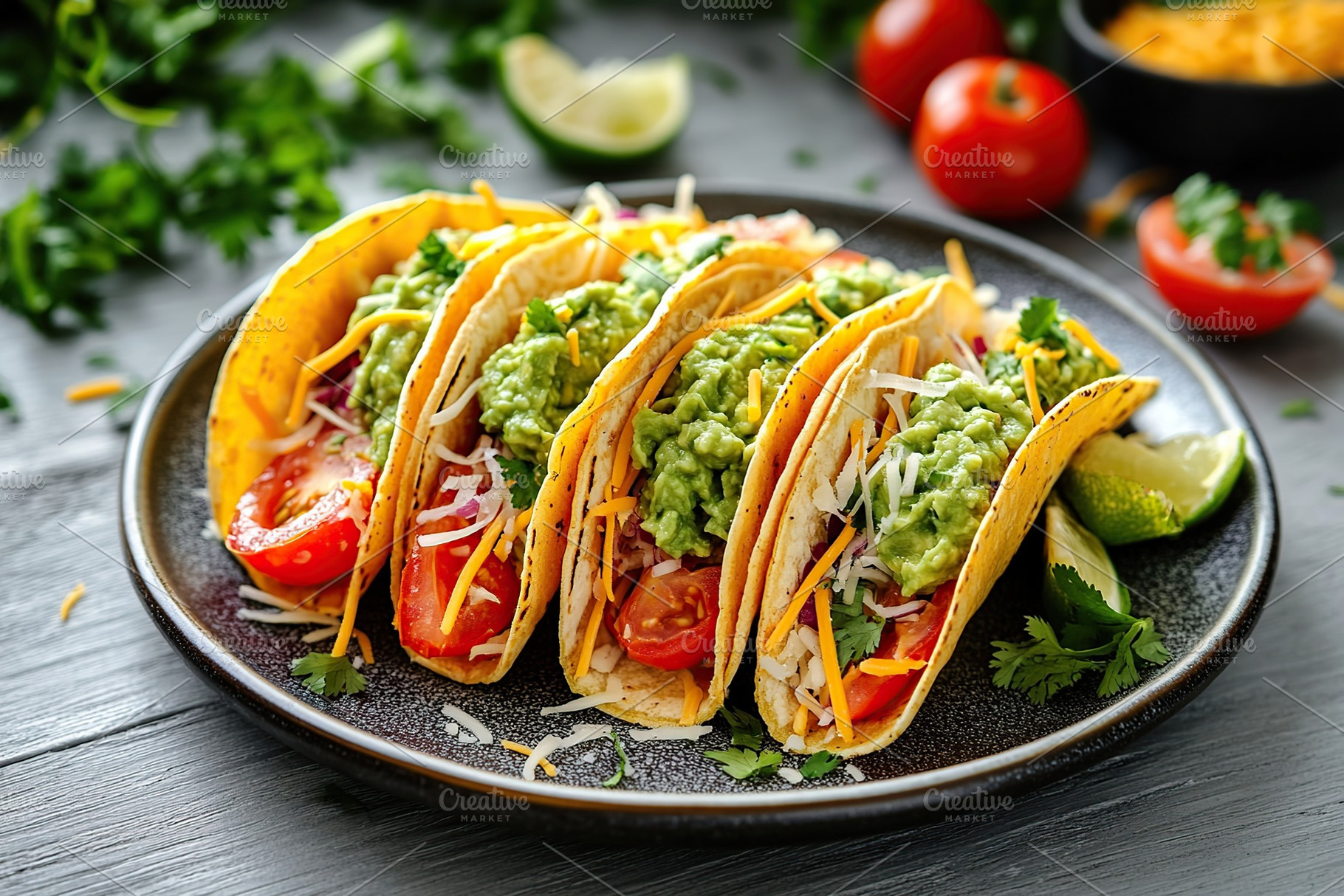 Vegetarian tacos with guacamole, cheese and tomatoes on a plate, a Food & Drink Photo by AlyaAnd