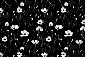Black white poppy flowers pattern