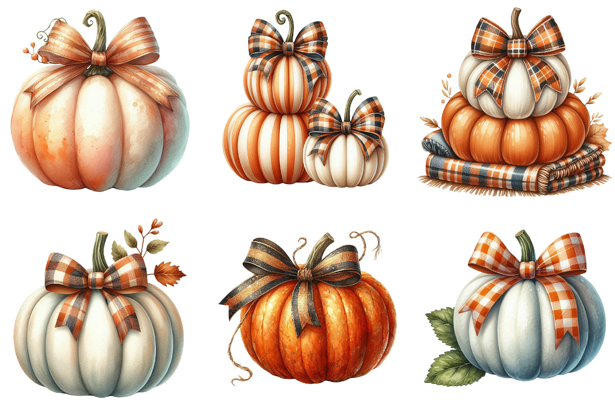 Watercolor Fall Bow Pumpkins Clipart, an Illustration by Libby Wishes (Photo 4 of 7)