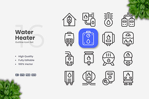 Water Heater Outline Icons, an Outline Icon by Upnowgraphic