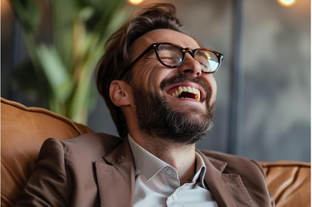 Joyful man laughing heartily indoors, a Person Photo by Ylivdesign