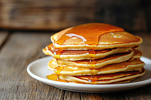 Stack of fluffy pancakes drizzled with golden syrup on a rustic wooden table, a Food & Drink Photo by AlyaAnd
