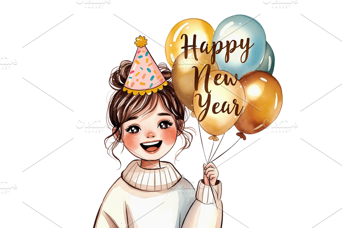 Whimsical Girl Happy NewYear clipart, a Seasonal Illustration by Creative design (Photo 2 of 7)
