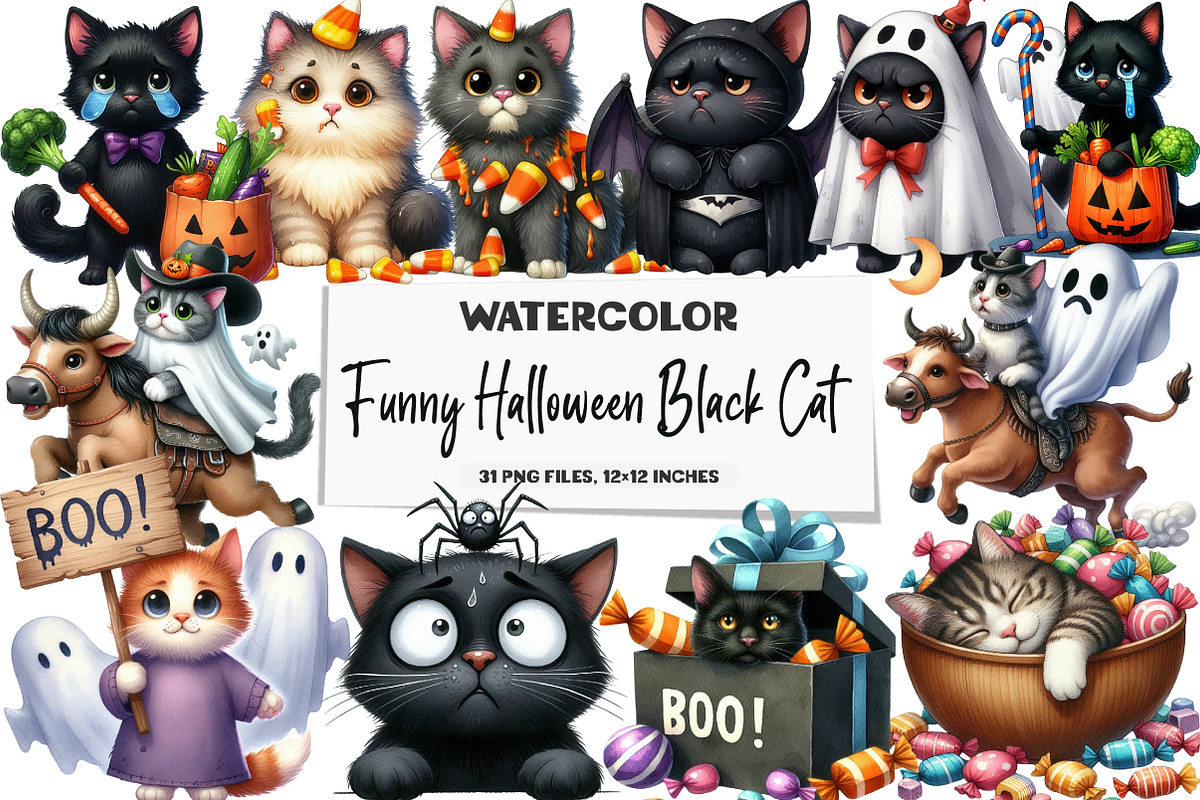 Funny Halloween Black Cat Clipart, an Illustration by DreamArtGraphic (Photo 1 of 5)