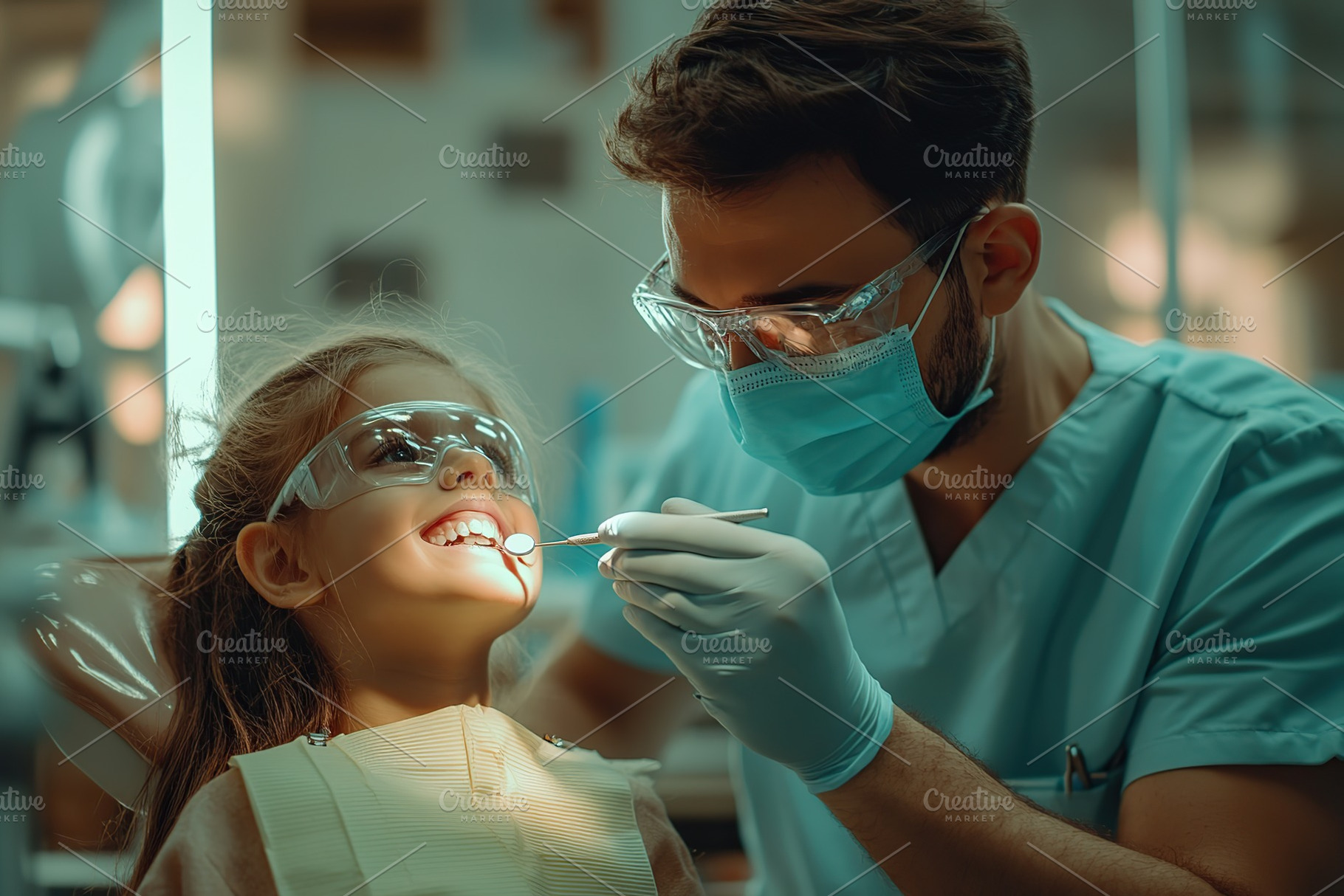 Photo of a child girl sitting in a dental chair and male dentist treating her t, a Health & Medical Photo by AlyaAnd