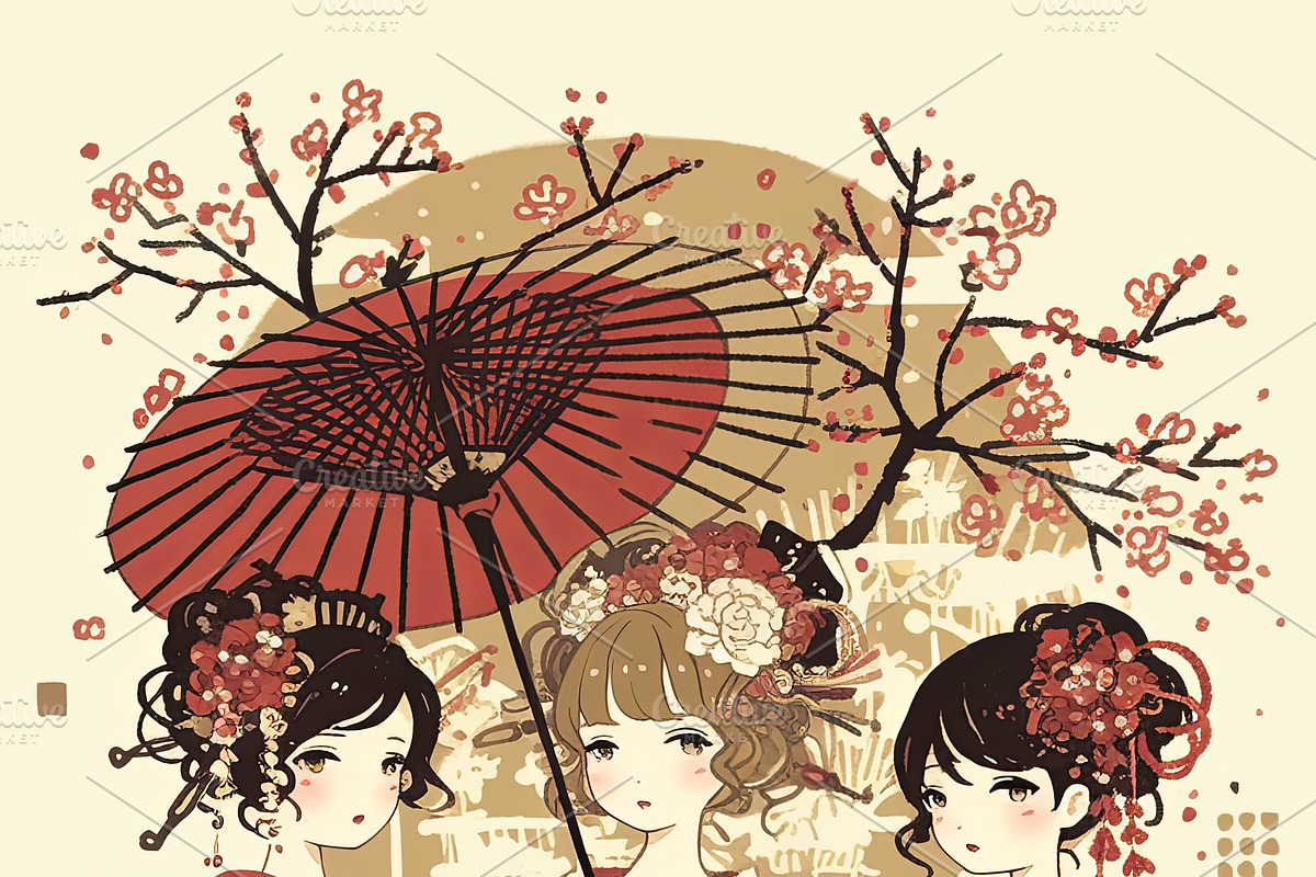 Three women dressed in traditional floral kimonos under a red parasol, an Illustration by AS photostudio