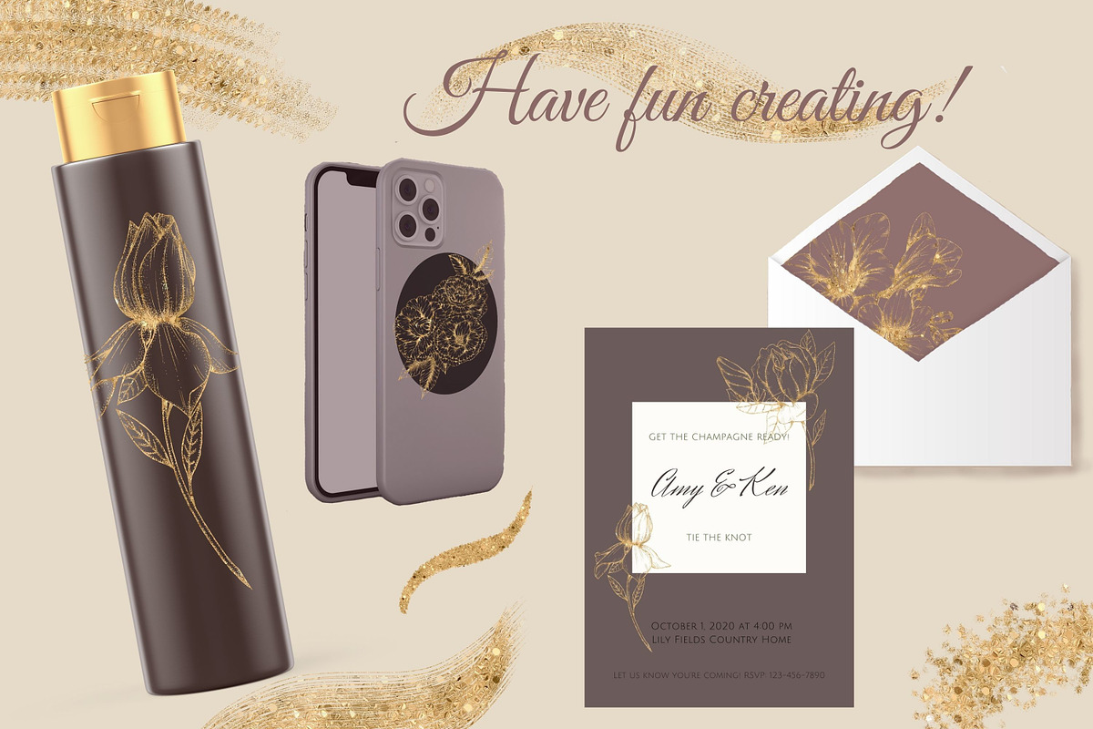 Gold line flowers & strokes clipart, a Decorative Illustration by Mrs.Swan_Design (Photo 6 of 7)