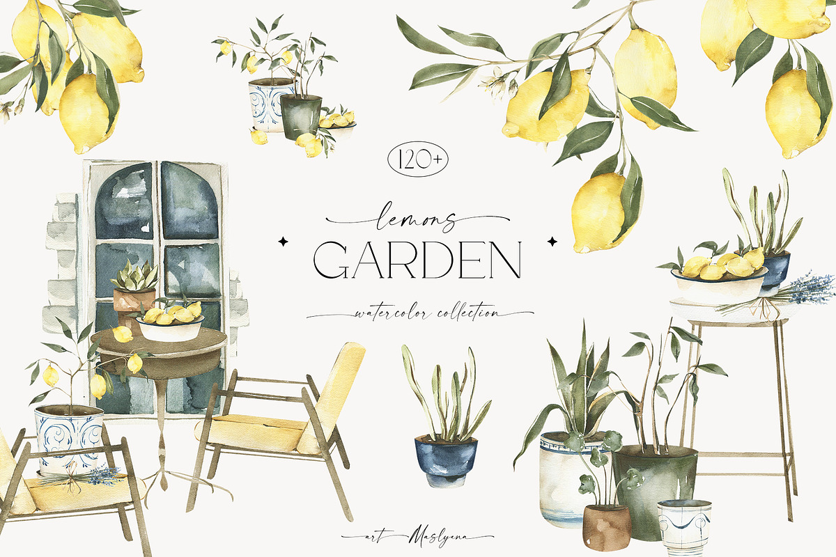 Watercolor Lemons Garden collection, a Decorative Illustration by ArtMaslyana (Photo 1 of 14)