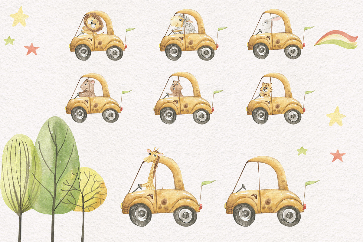Animals in the car, an Illustration by Love Watercolor Store (Photo 2 of 15)