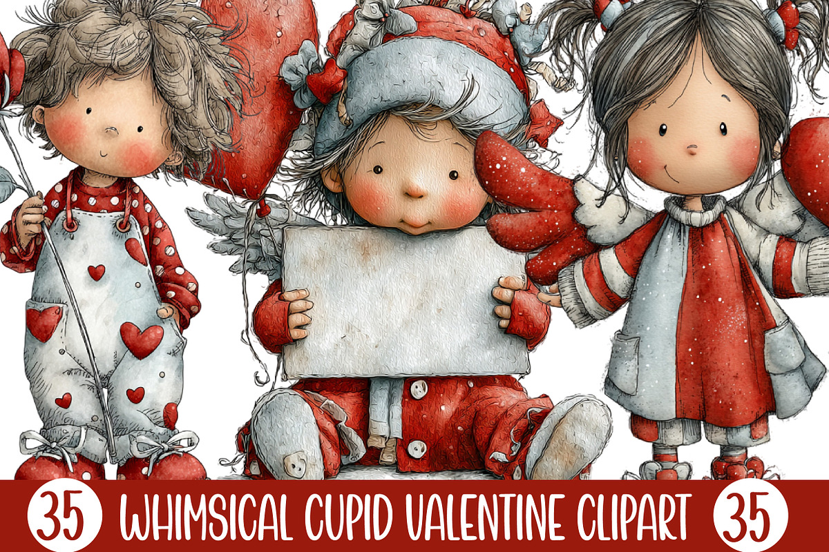 Whimsical Cupid Valentine Clipart, an Illustration by Designking (Photo 1 of 5)