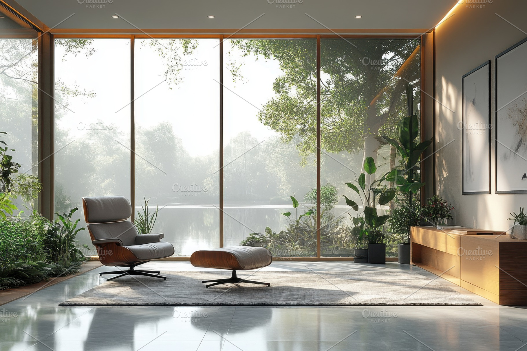 Modern living room design with large, a Photo by Tanuart