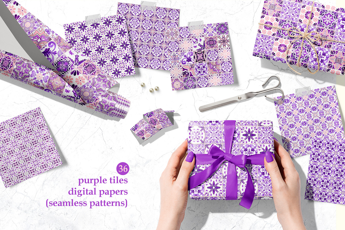 Purple Portuguese Azulejo Tiles Set4, a Pattern Graphic by ilonitta (Photo 2 of 10)
