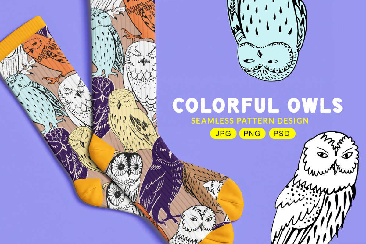 Colorful owls: Seamless pattern, an Animal Illustration by Volga_Store (Photo 1 of 10)