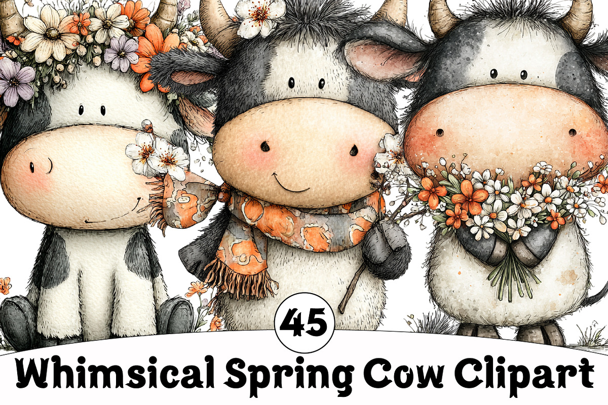 Whimsical Spring Cow Clipart, an Illustration by Design Market (Photo 1 of 4)