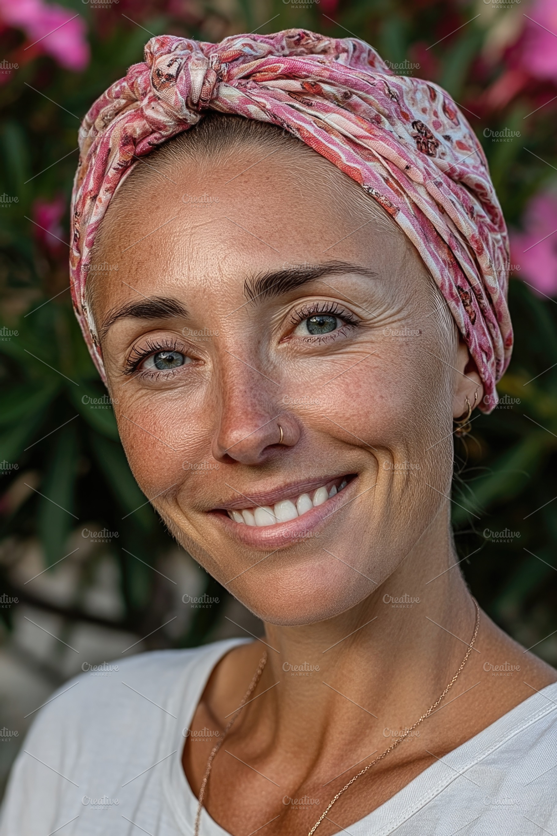 Smiling cancer survivor woman wearing pink headscarf in garden, a Person Photo by José Manuel Gelpi