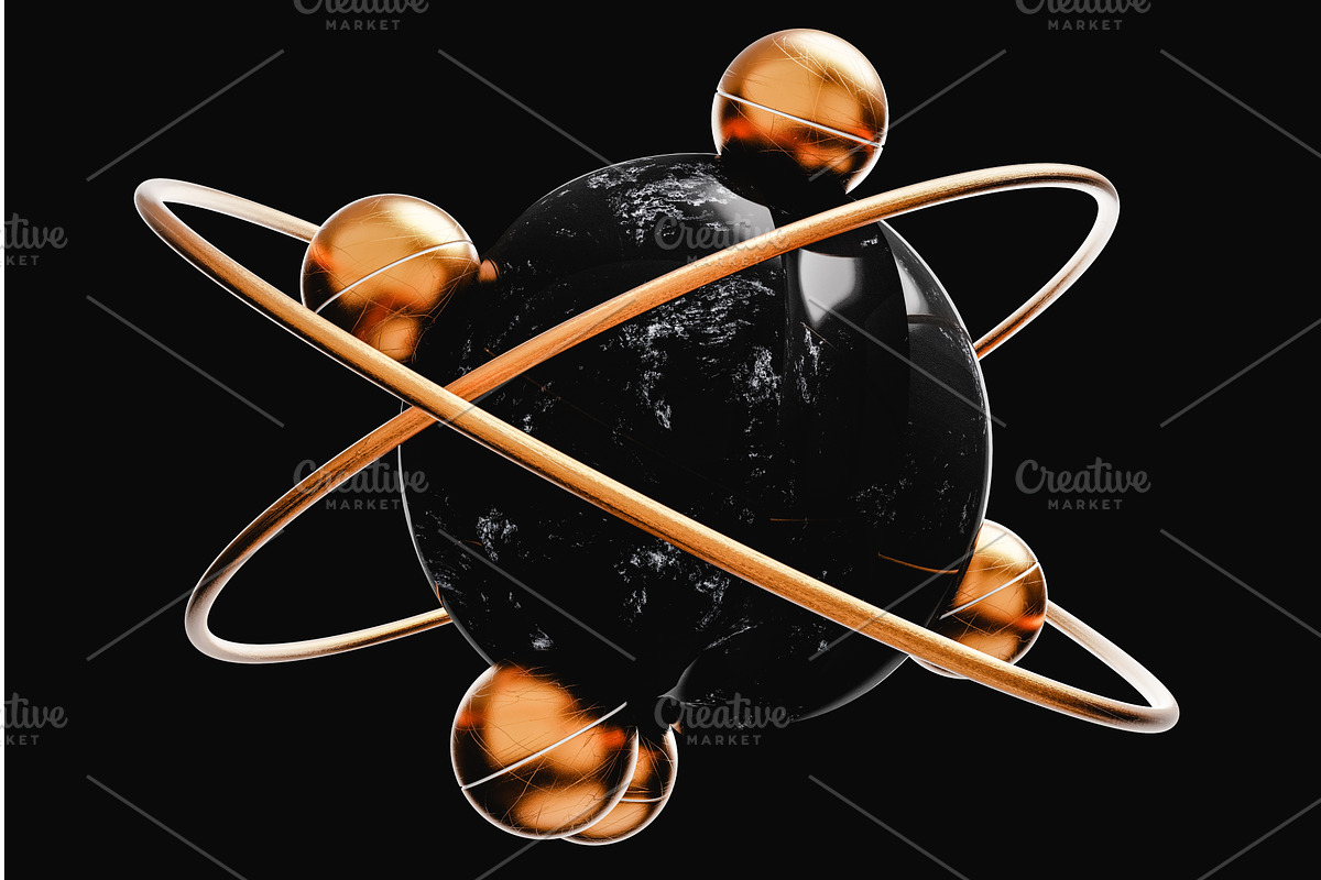 Closeup golden balls and rings, an Object 3D Model by Daniel Megias