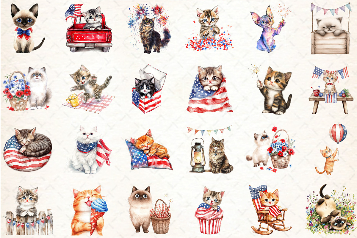 watercolor Cute Cat 4th of july, an Illustration by DreamCafeArt (Photo 2 of 5)