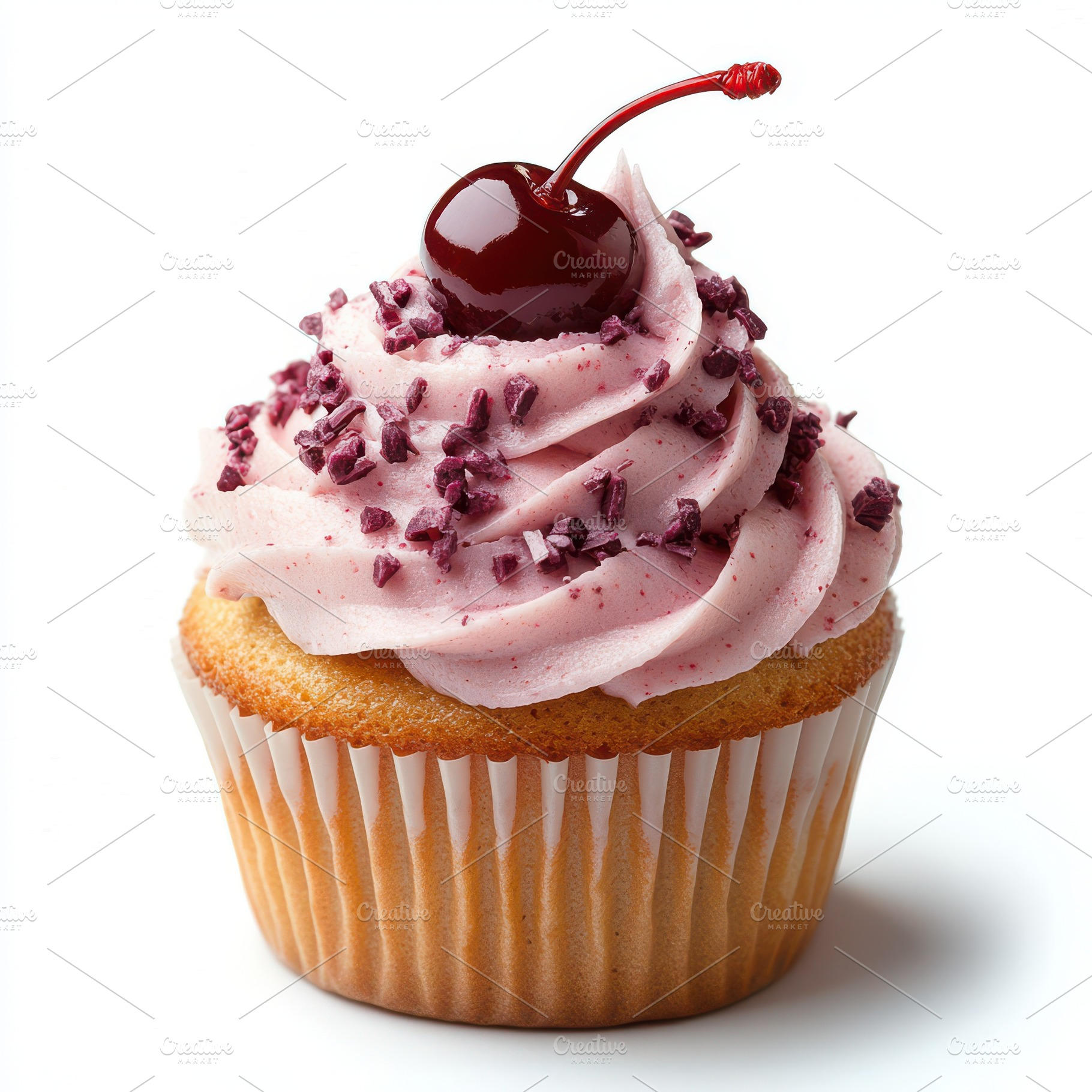 Cupcake with frosting and a cherry o, a Food & Drink Photo by Pixeness Studio