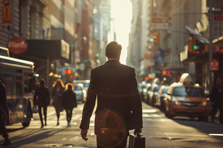 A businessman walks down a busy city, a Photo by Iftikhar Alam