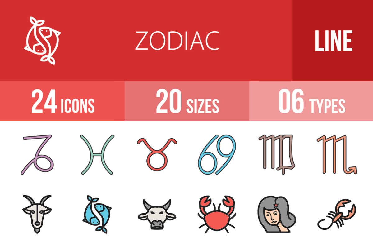 24 Zodiac Filled Line Icons, an Outline Icon by IconBunny (Photo 1 of 3)