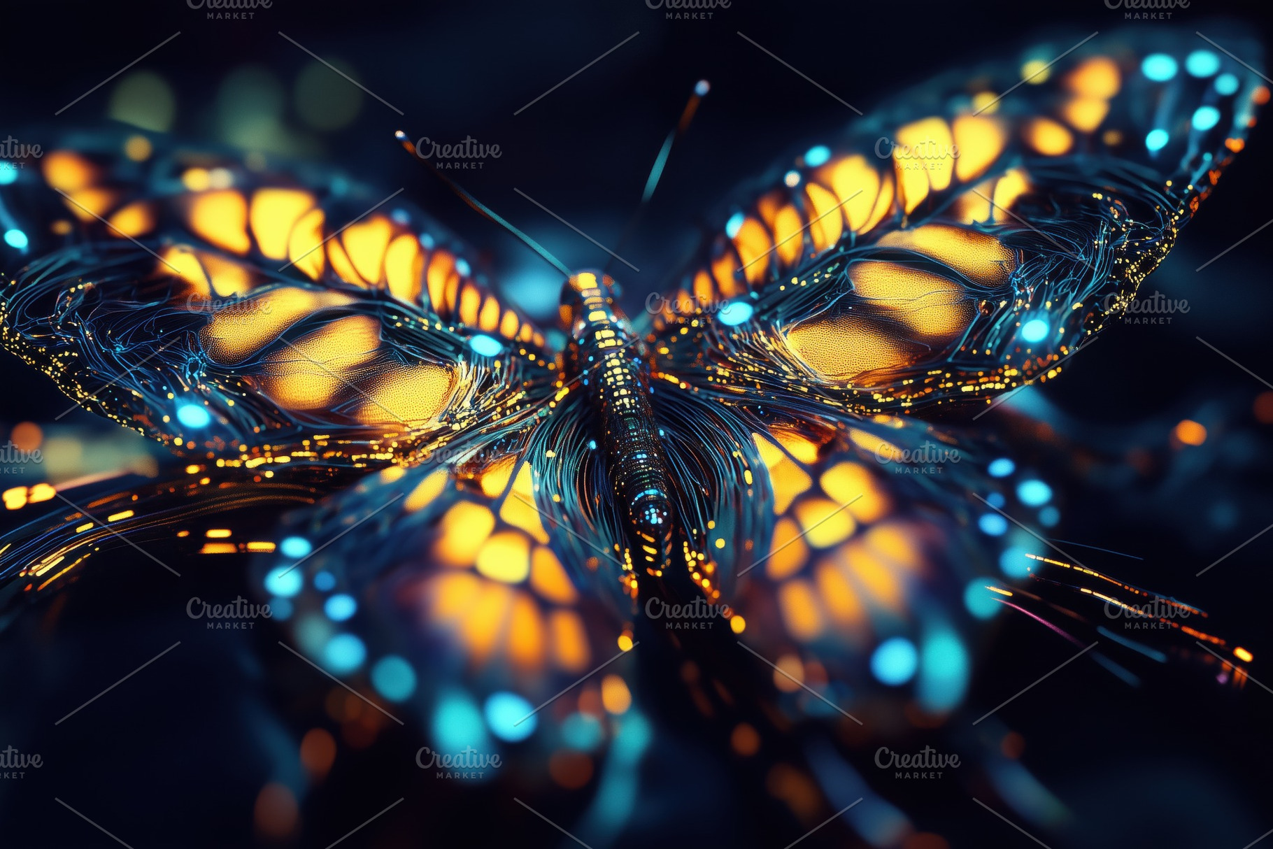 A digitally rendered butterfly with glowing orange and blue patterns, set again, an Animal Photo by Textures & Backgrounds