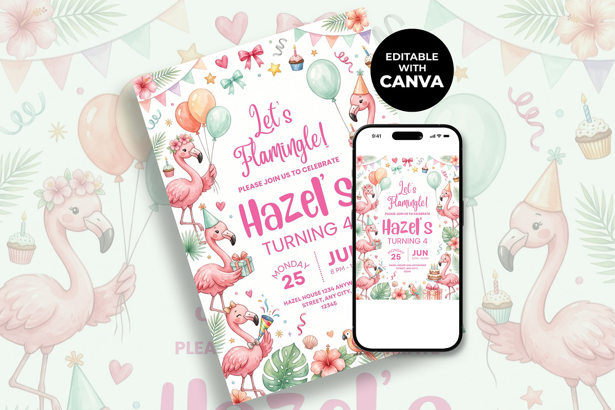 Flamingo Birthday Invitation, an Invitation Template by M9 Design (Photo 2 of 4)