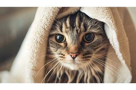 Cat in bathrode and towel on head, an Animal Photo by Neirfy