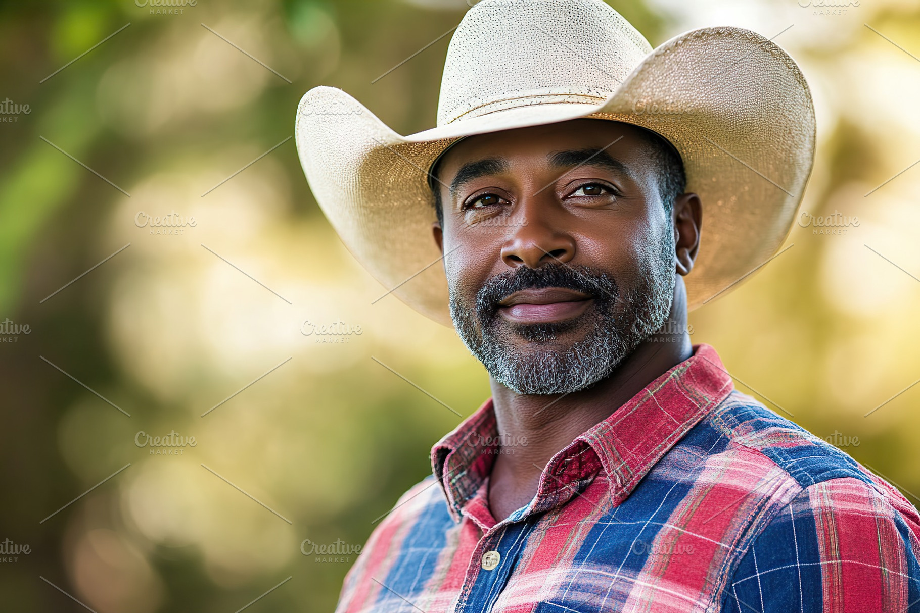 Mature black american cowboy proudly wearing a cowboy hat and plaid shirt outdo, a Person Photo by AlyaAnd