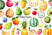 Watercolor Kawaii fruits clipart, a Food Illustration by Art and Funny (Thumbnail 1 of 3)