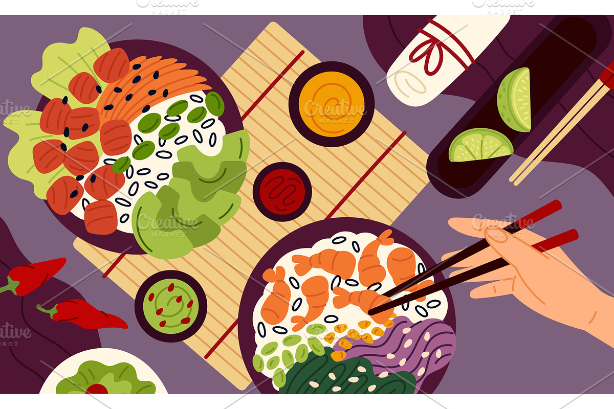 Poke bowl table. Top view serving, a Food Illustration by YummyBuum